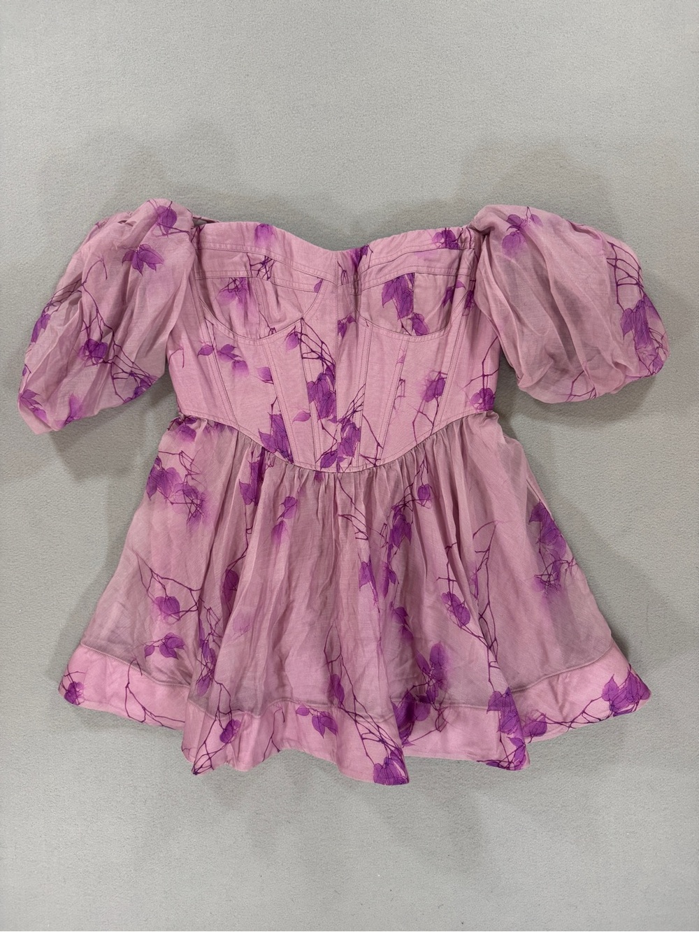 Whimsical Garden Party Fairy Bardot Kiah Corset Mini Dress Purple Floral Puff - Picture 6 of 16